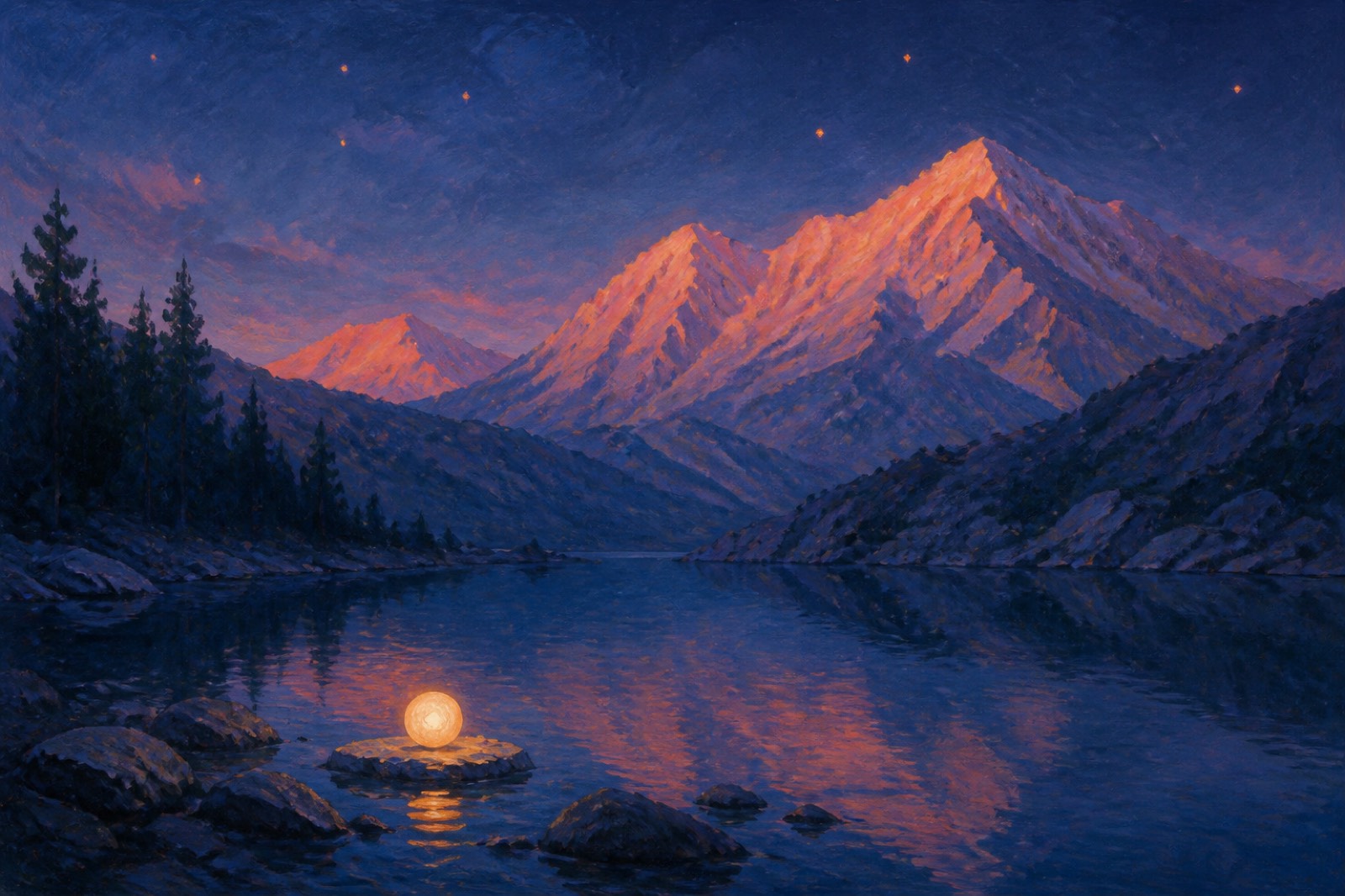 A glowing beacon of light over a painted alpine lake at dusk