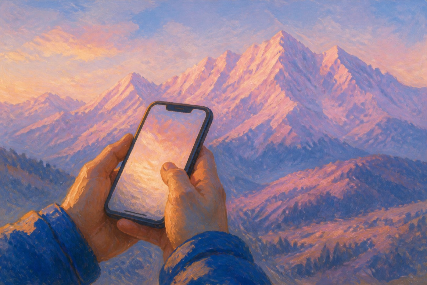 Hands holding a glowing phone against painted mountain dusk