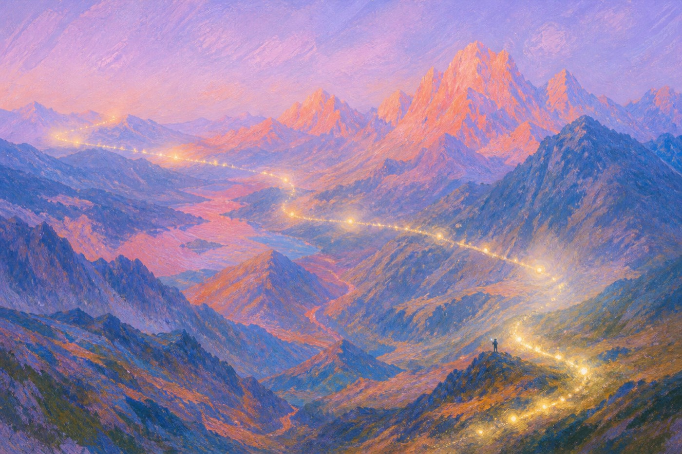 A luminous path of light traveling across painted mountain valleys